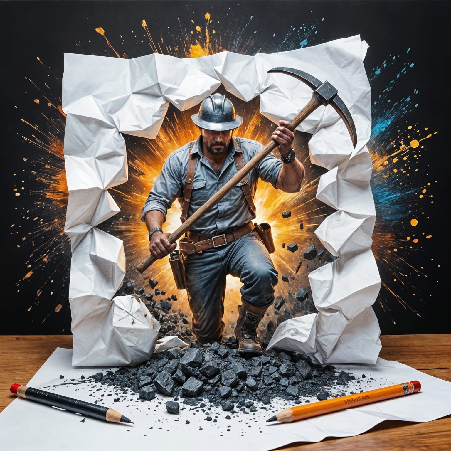 Miner with Pickaxe in Dramatic Pencil Drawing Style