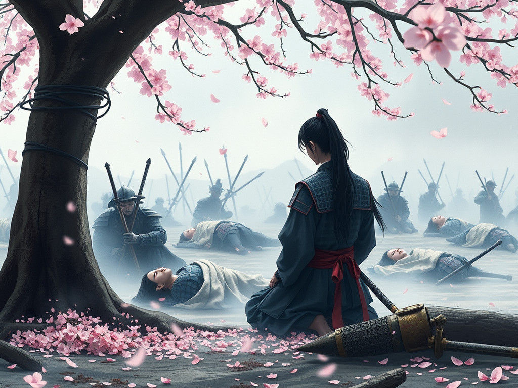 Samurai's Quiet Requiem in Cherry Blossom Twilight
