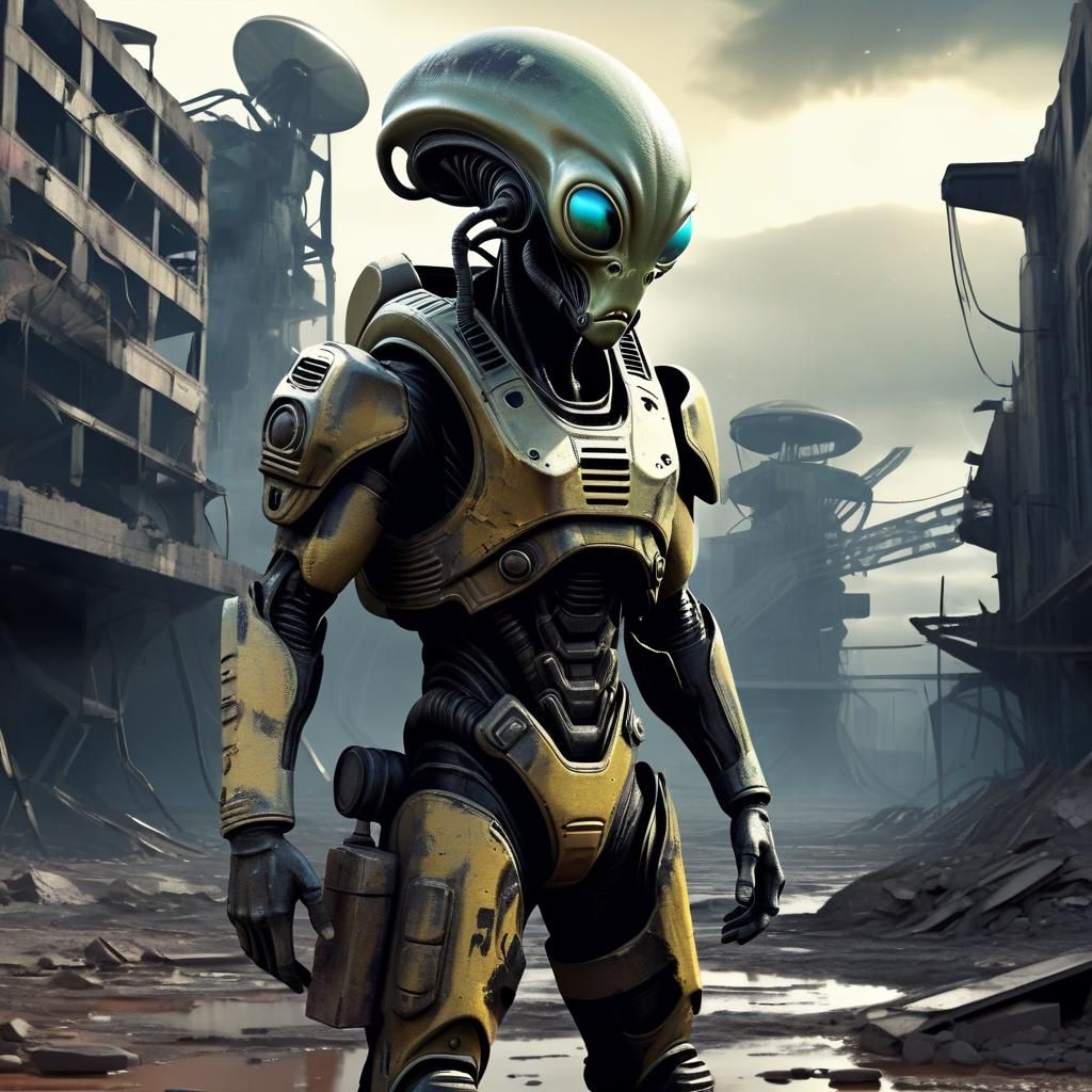 Alien Soldier in Ruined Sci-Fi Landscape