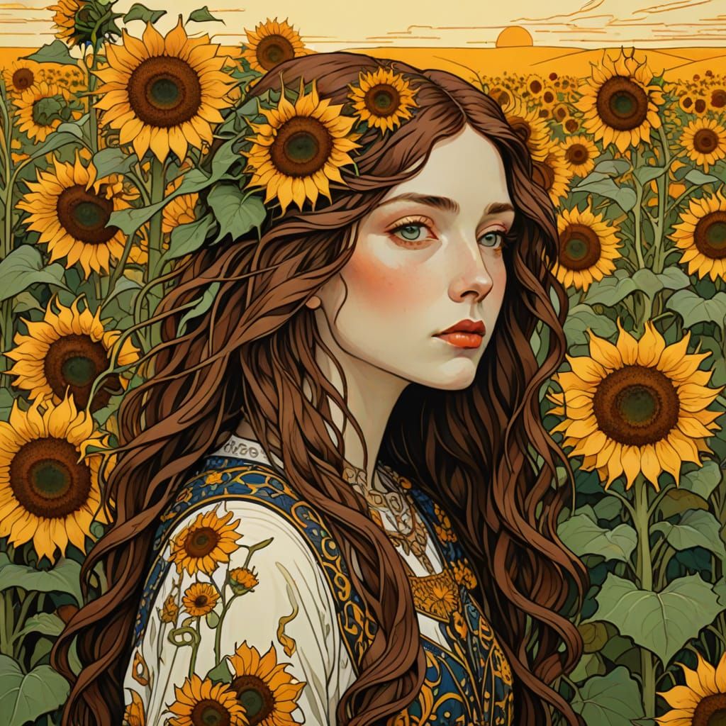 Art Nouveau Woman in Sunflower Field