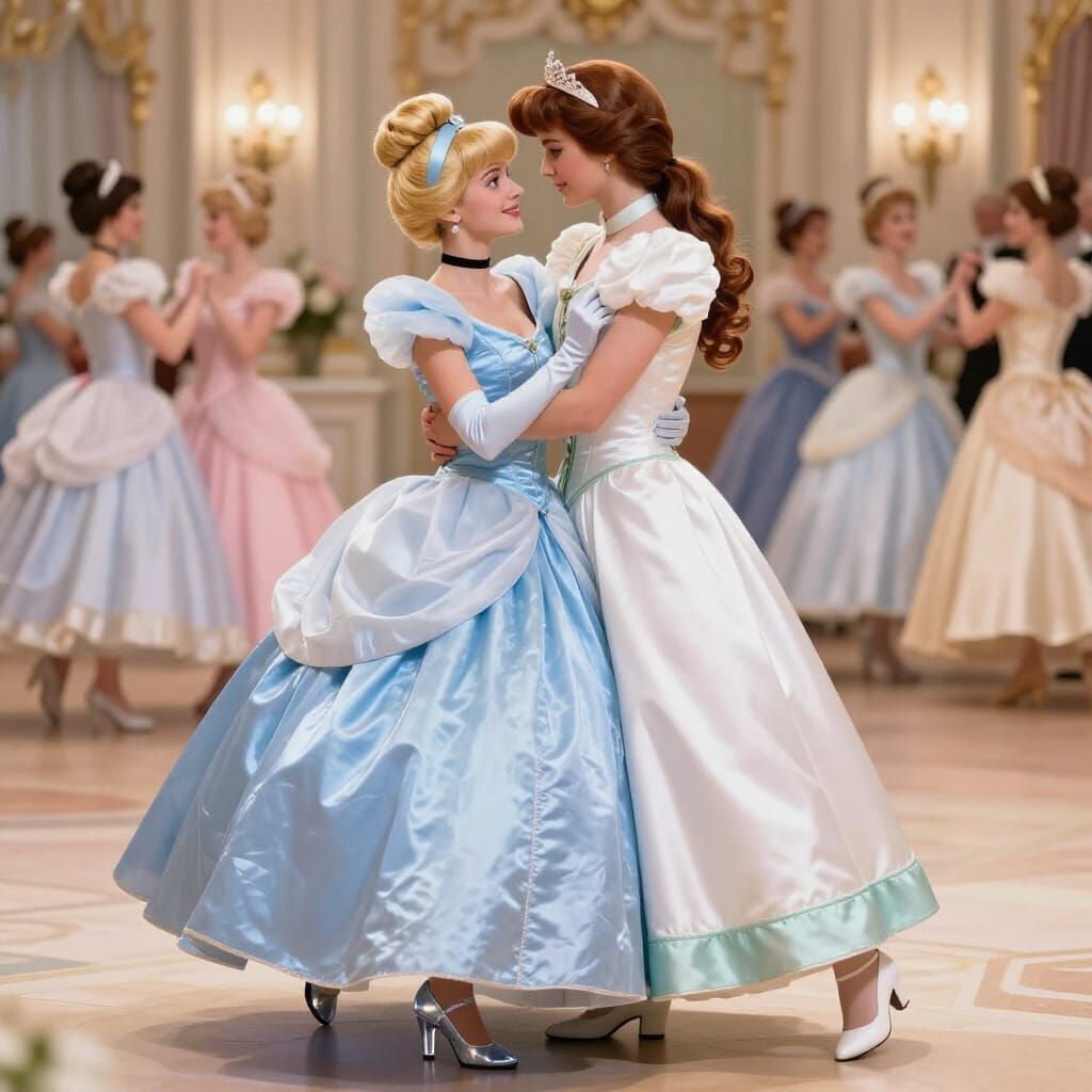 Cinderella and Princess Charming Embrace in Feminine Ballroo...