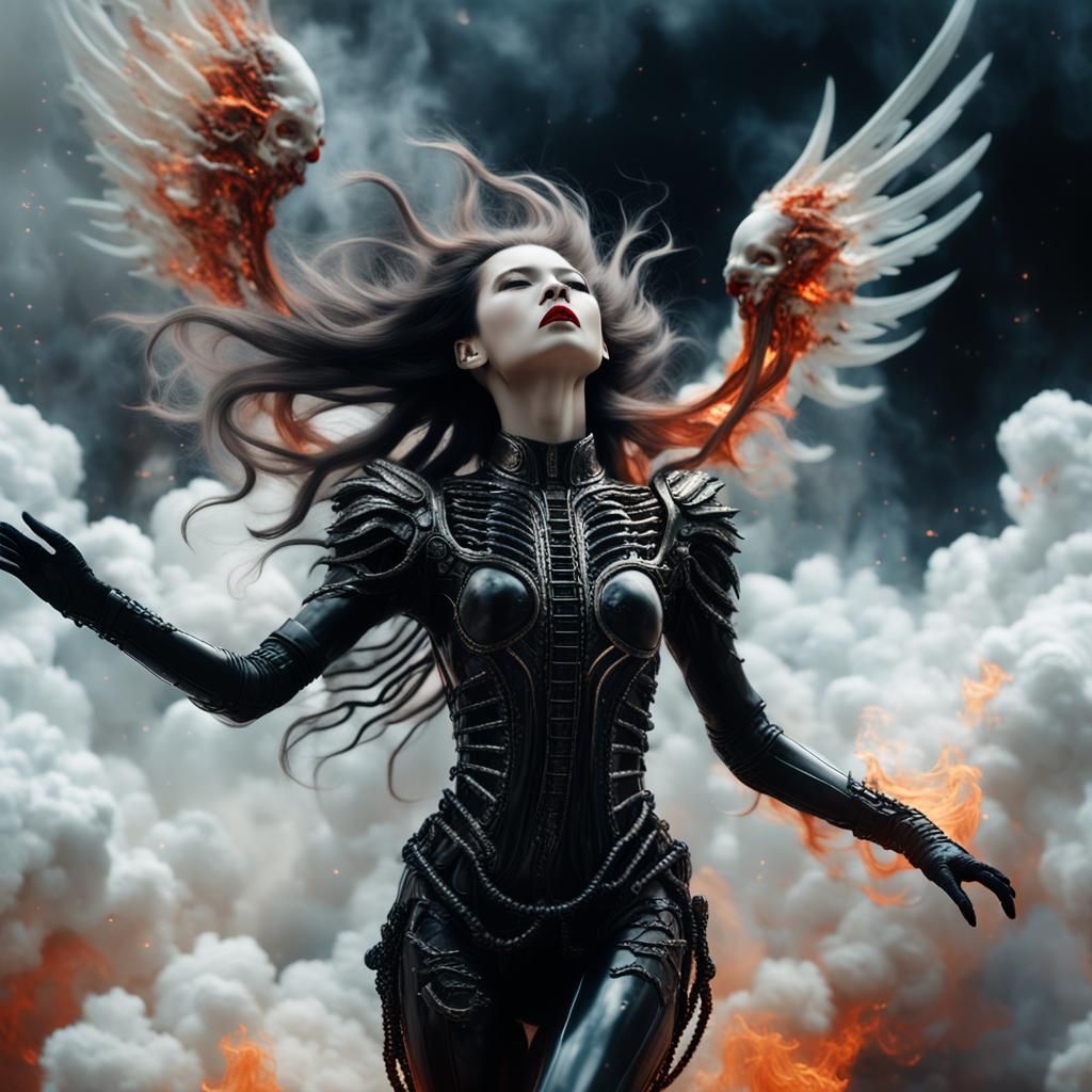 Epic Angel's Descent: HR Giger-Inspired Anime Art