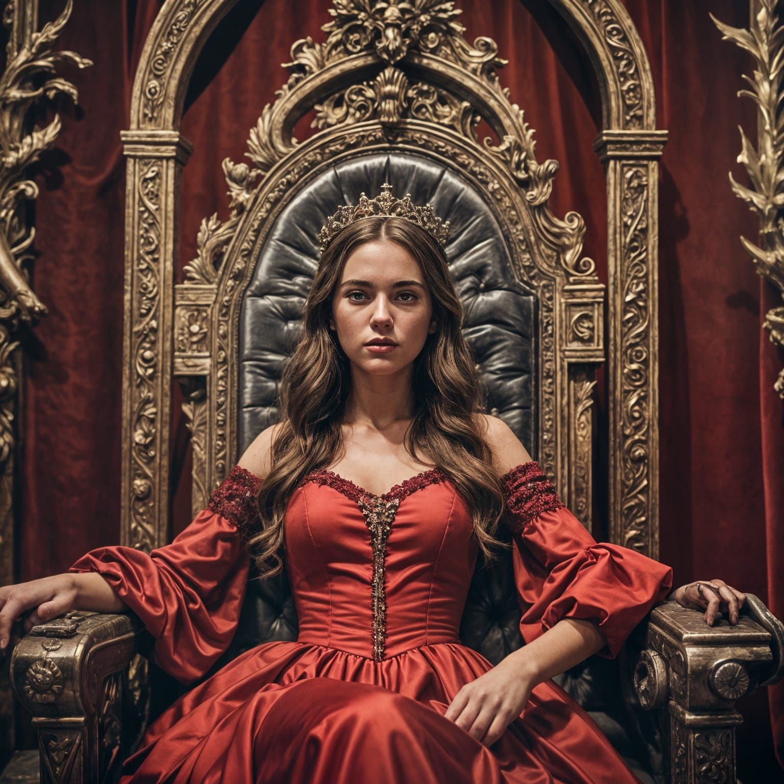Teen Girl Relaxing on Throne in Red Dress