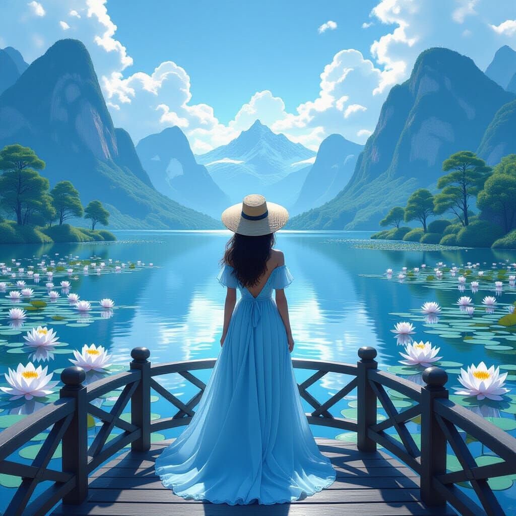 Woman in Blue Dress on Bridge Over Waterlily Lake