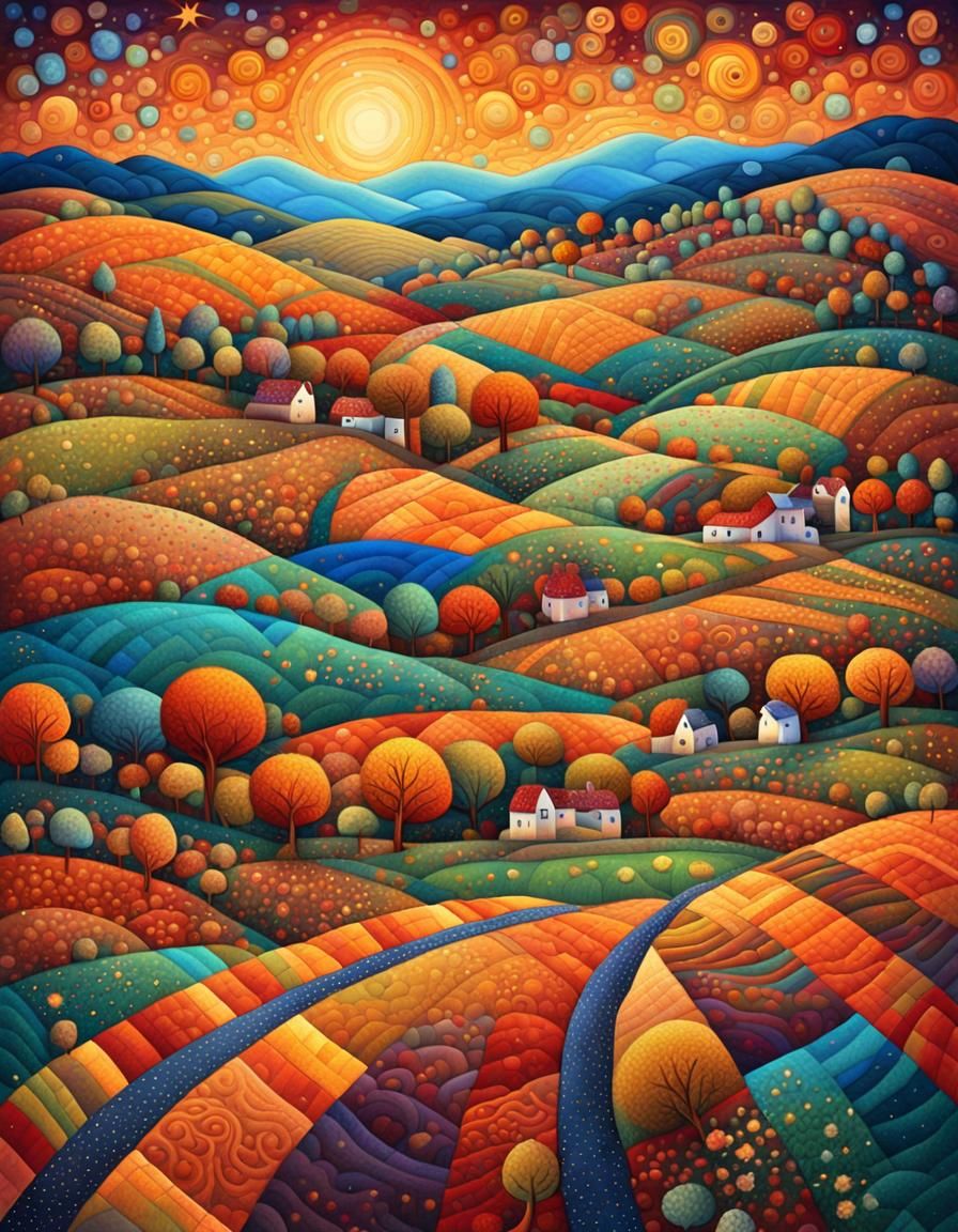 Quilted Autumn Landscape in Magical Realism Style
