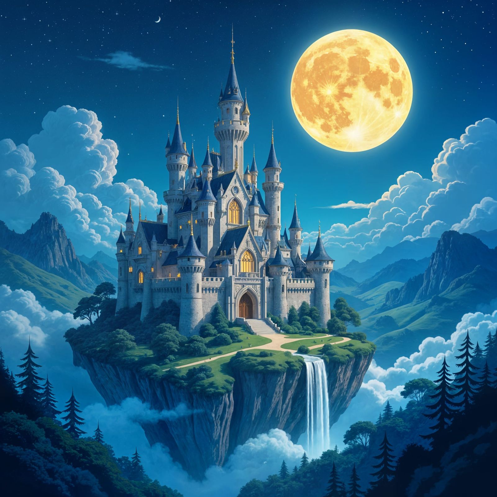 Fantasy Castle on Flying Island Under a Giant Moon