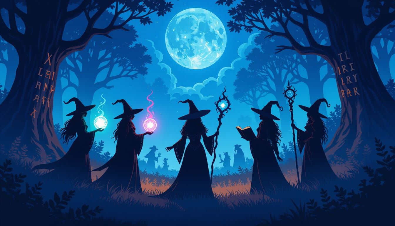 Witches Coven Under Magical Moonlit Sky