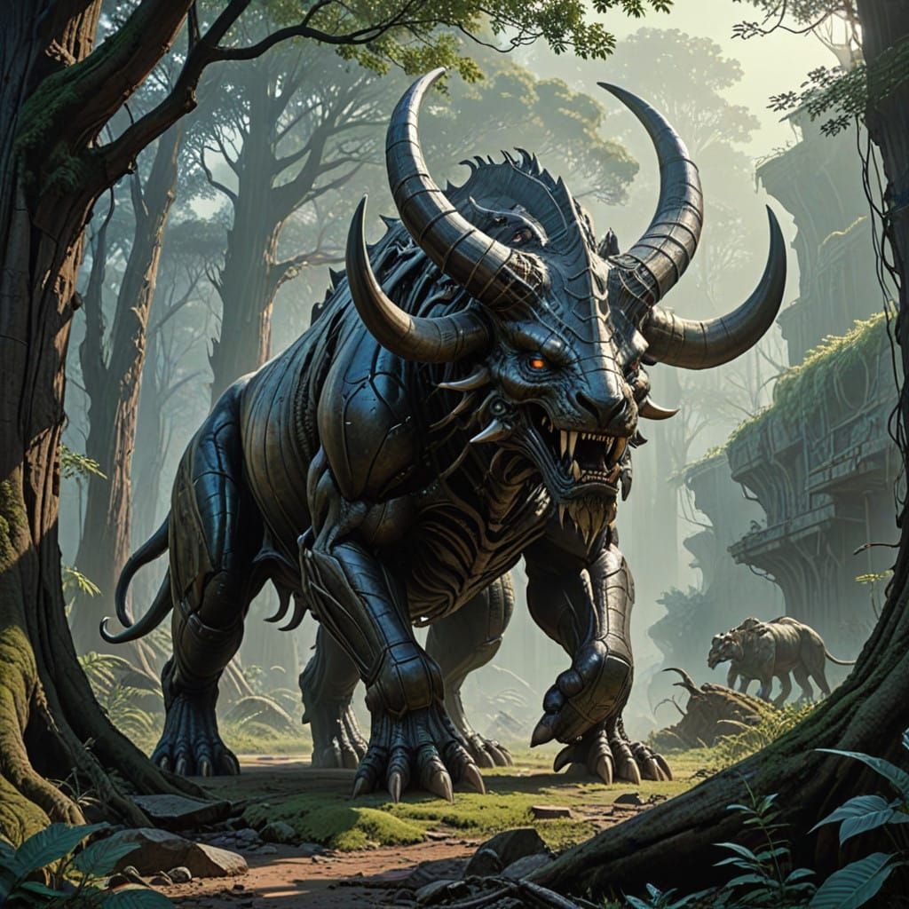 Majestic Beast with Five Horns Roams Ancient Landscape
