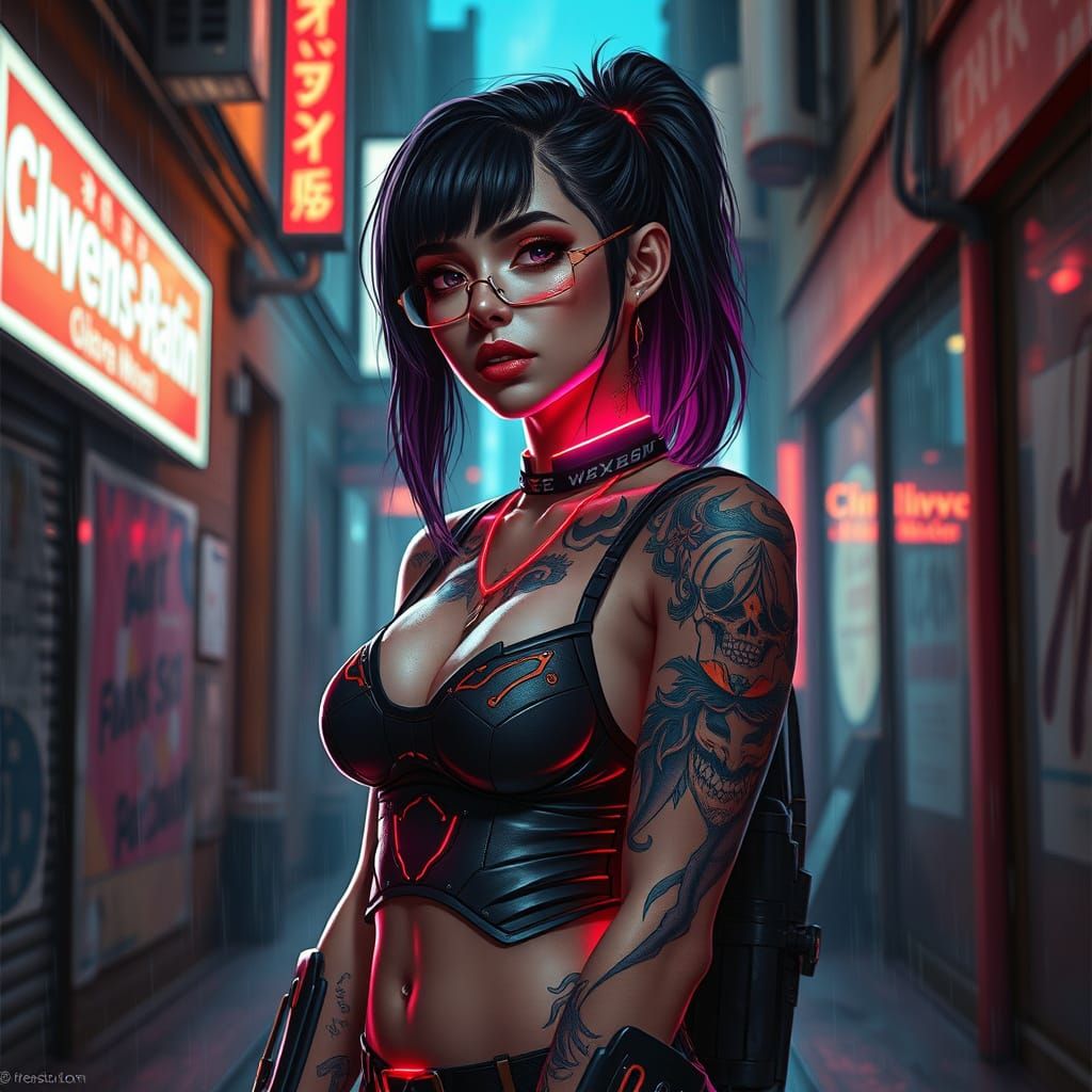 Cyberpunk Woman with Neon Tattoos in Rain-Slicked Alley