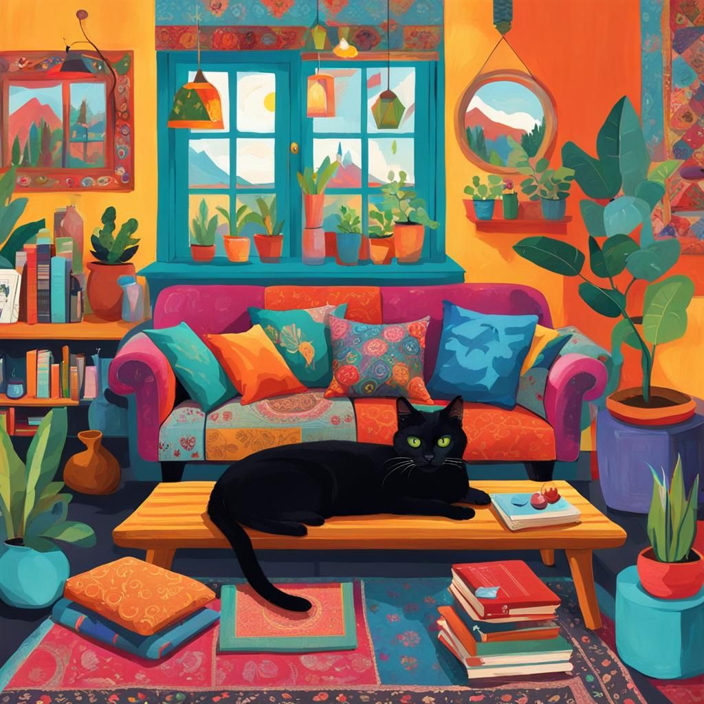 Bohemian House Interior with Sleeping Cat