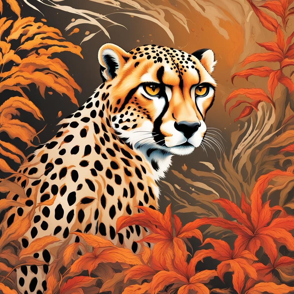 Cheetah in Motion with Fiery Tattoo Patterns