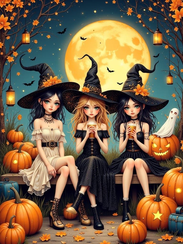 Three Witches Sip Bubble Tea in Moonlit Pumpkin Patch