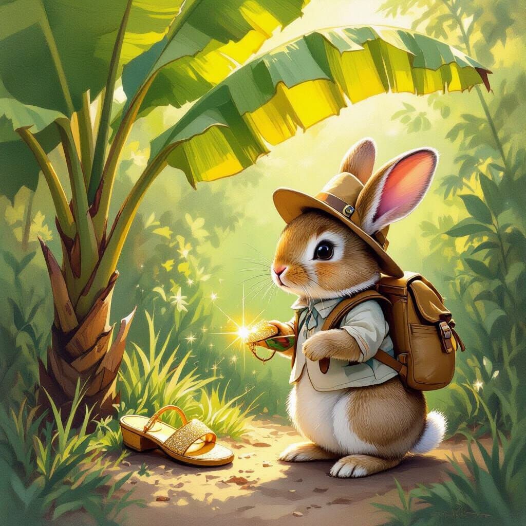Rabbit Explorer Finds Golden Sandal, Illustrated Style