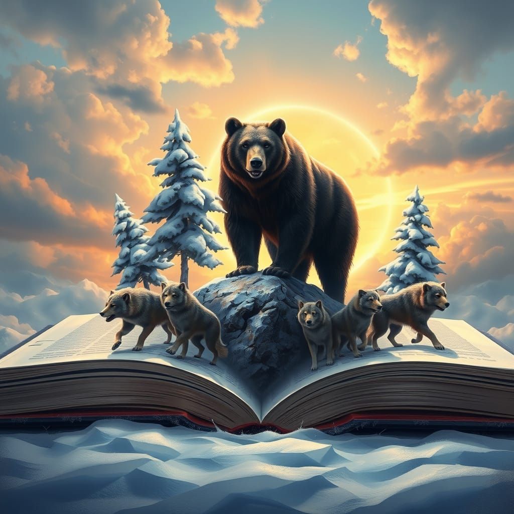Epic Bear of Wolf Rock Scene Emerges from Open Book in Stunn...