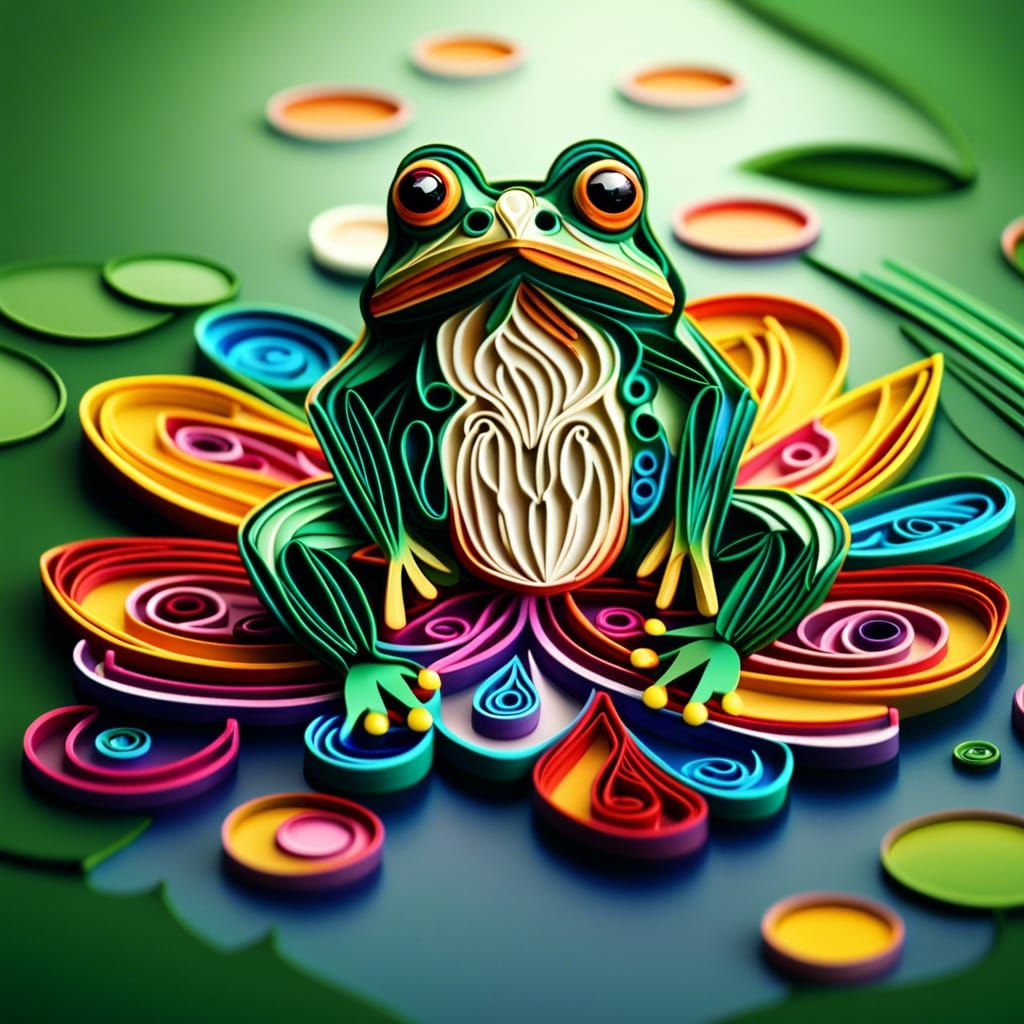 Colorful Quilling Pixel Art: Frog on Lily Pad
