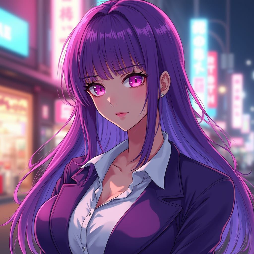 Anime-Inspired Woman in Vibrant Purple Attire