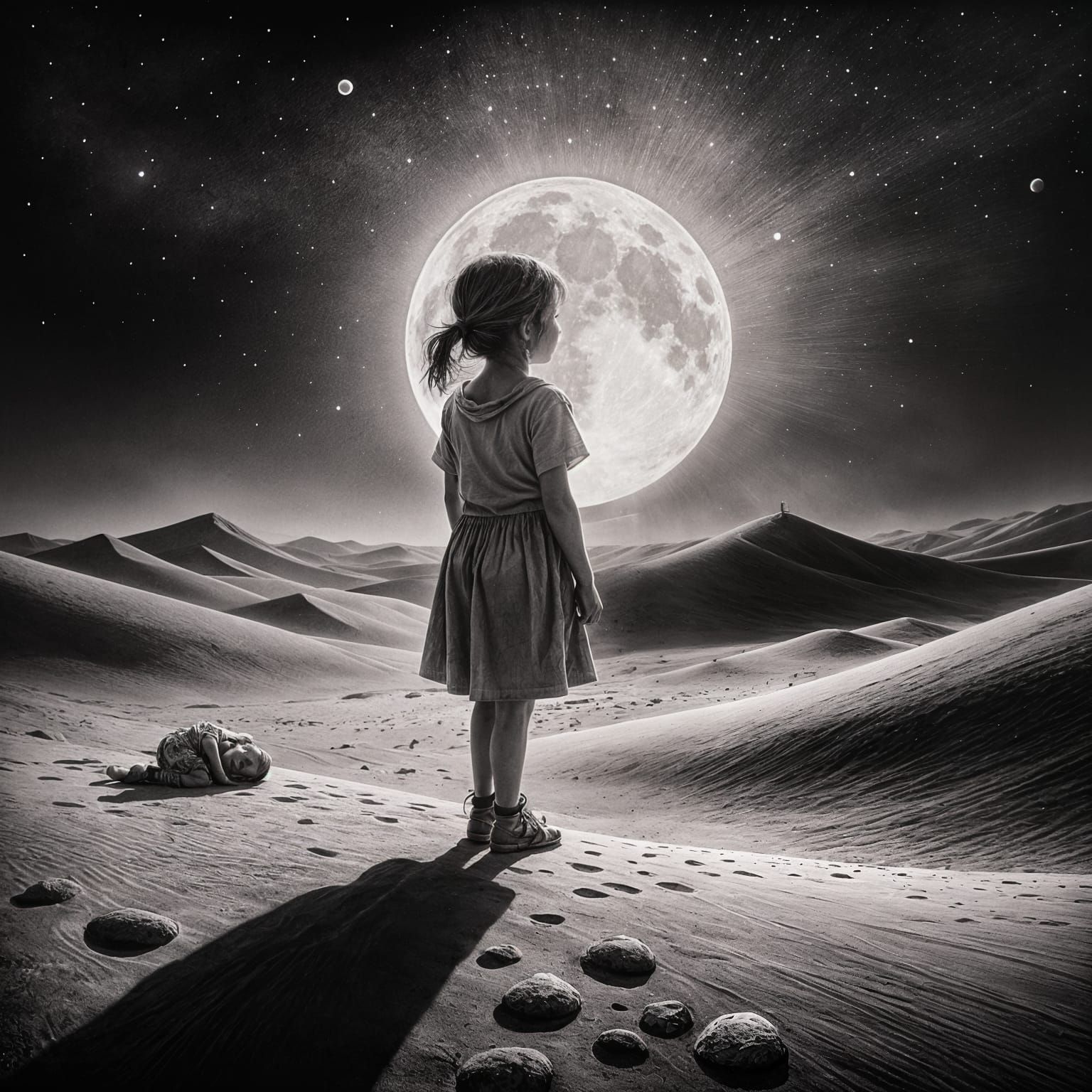 Child Reaches for the Moon: Charcoal Drawing