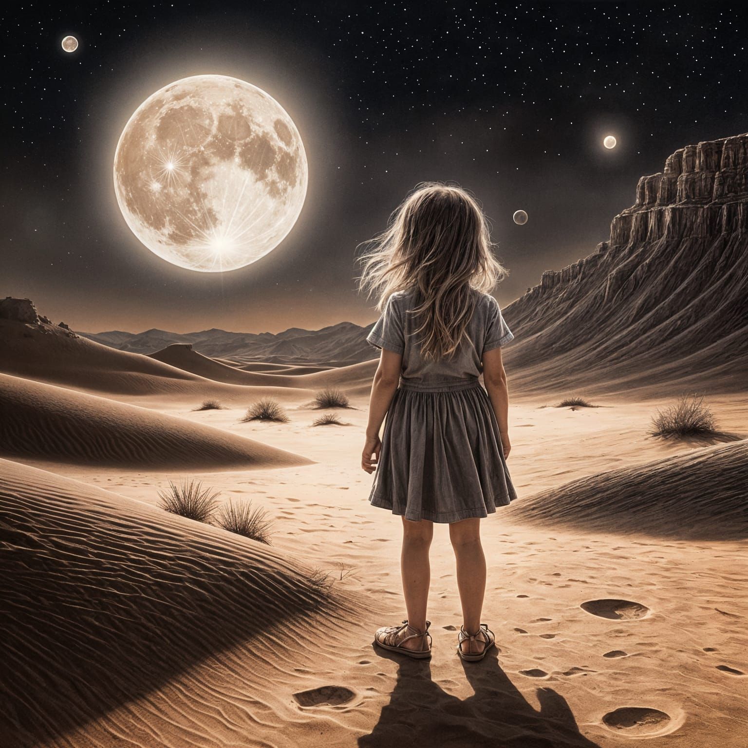 Girl Reaching for the Moon: Charcoal Drawing