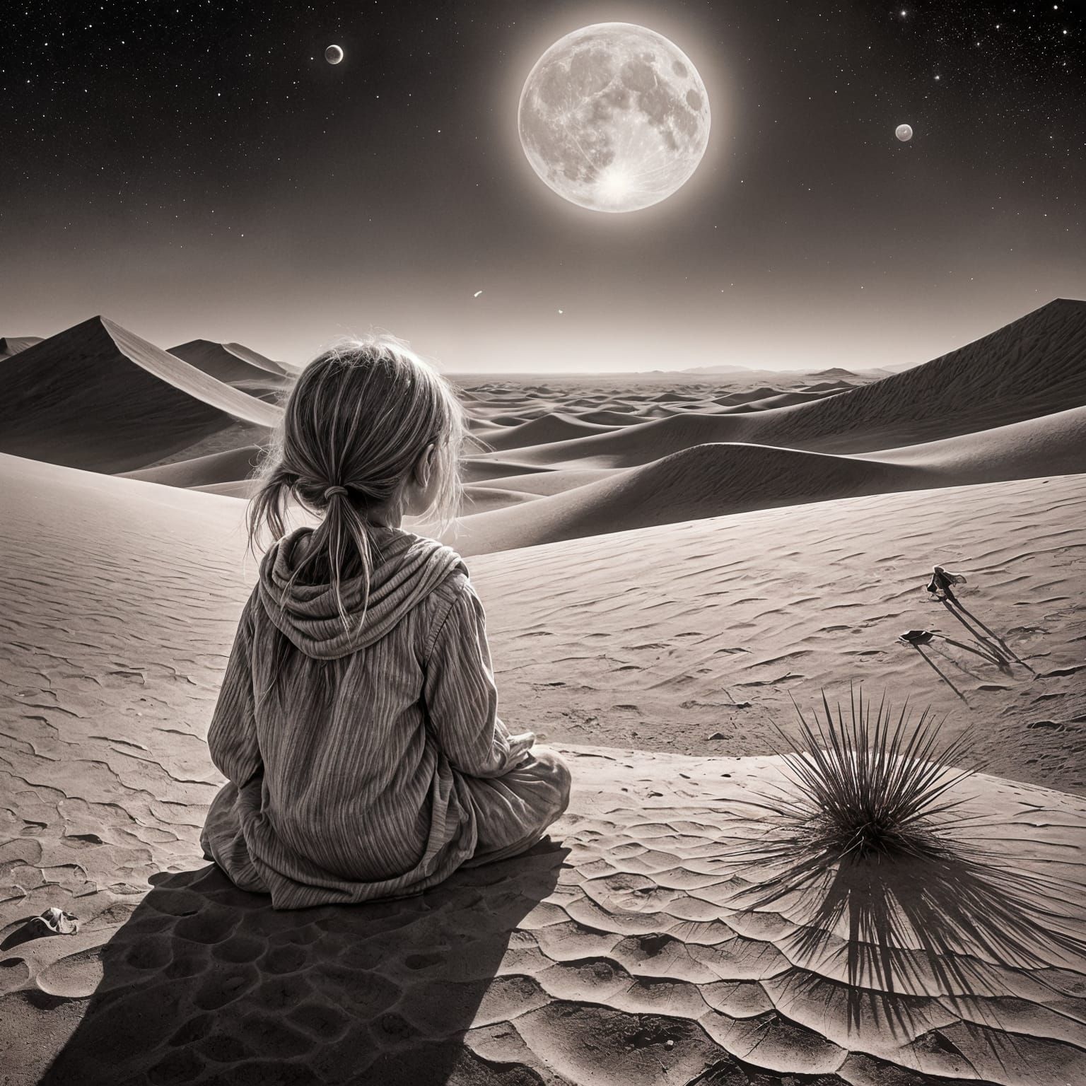 Girl Reaching for the Moon: Hyperdetailed Charcoal Drawing