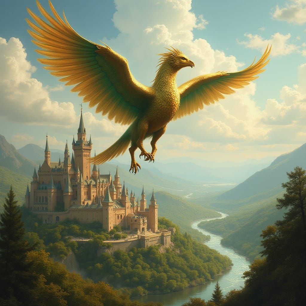 Ethereal Griffin Soars Over Majestic Medieval Kingdom