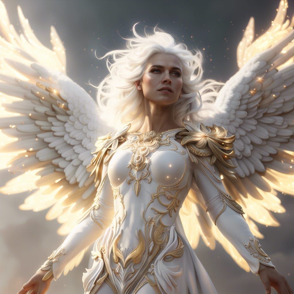 full-body portrait of light, glowing angel, windblown white hair, white, gold, sparkles, detailed, clouds, ethereal, bre...