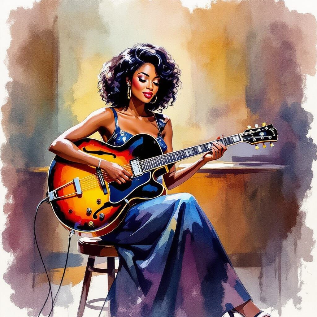 Soulful Archtop Guitarist in Retro Impressionism