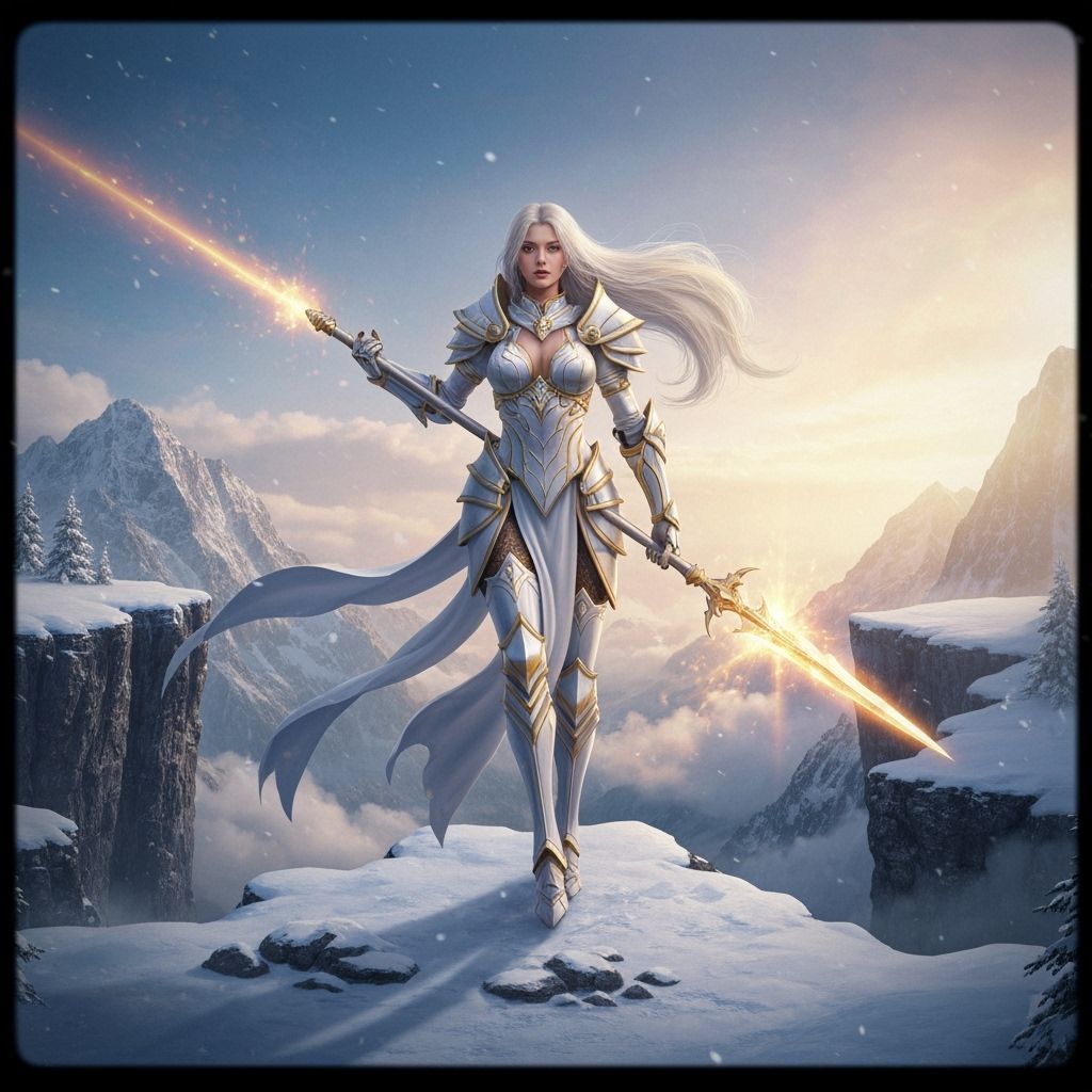Divine Knight Lady on Snowy Peak With Heavenly Spear