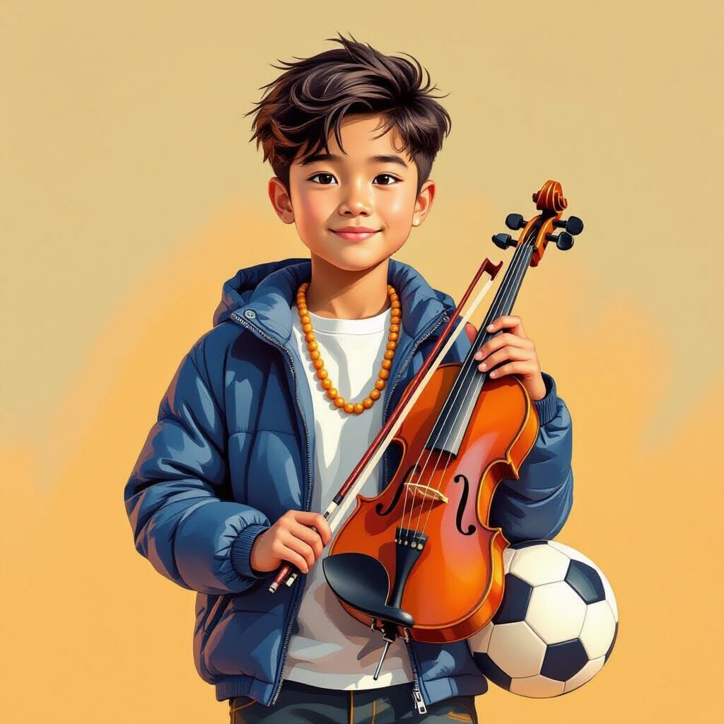 Cambodian Boy with Violin and Drumstick