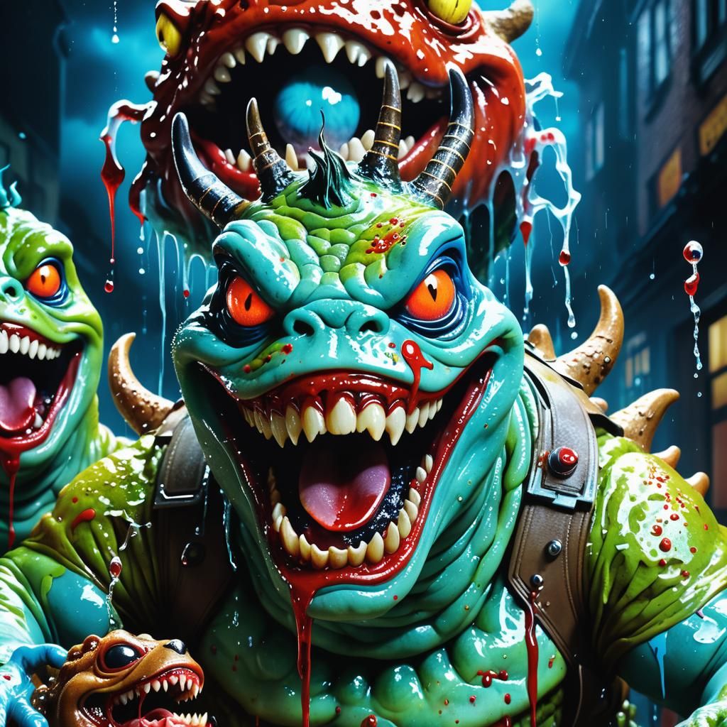 Grotesque surrealism. medium shot. Terribly ugly slimer ghostbusters with eyes, huge teeth, wet deer eyes, slime. Highl...