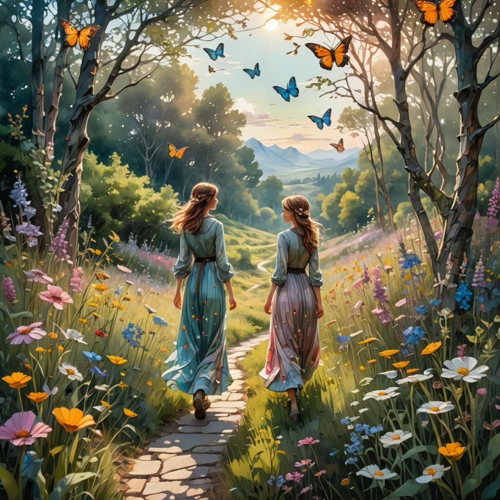 Stained Glass Figure in Pastel Flower Meadow