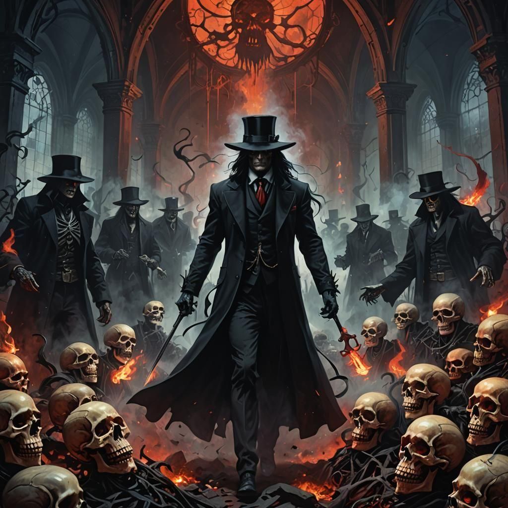 Eerie Undertaker with Fiery Eyes: Dark Fantasy Art