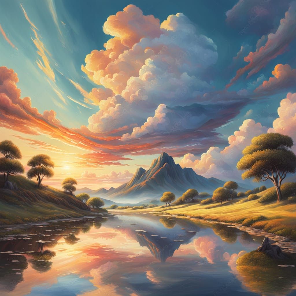 Surreal Sunset Landscape in Vibrant Oil Painting Style