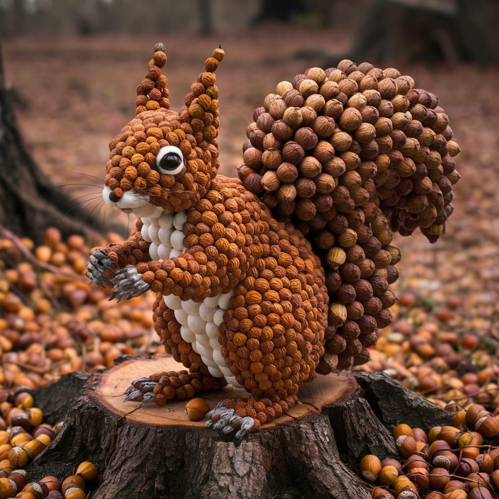 Whimsical Acorn Squirrel Sculpture in Forest