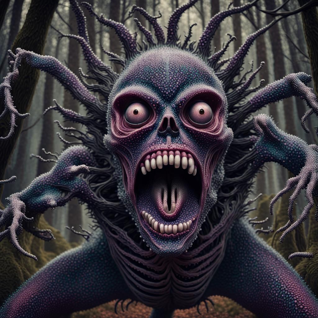 Grotesque Creature in a Mystical Forest: Kinetic Pointillism