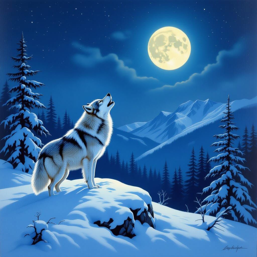 Lone Wolf Howling at Moon in Winter Landscape