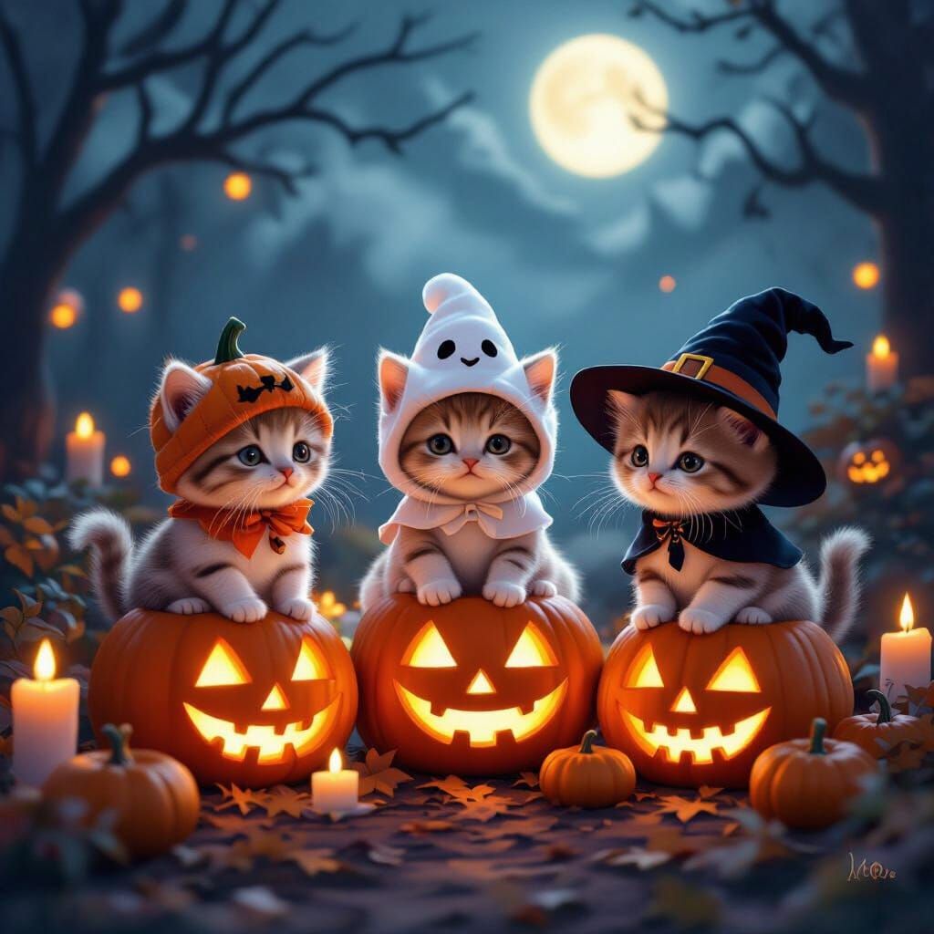 Kittens in Halloween Costumes on Glowing Pumpkins