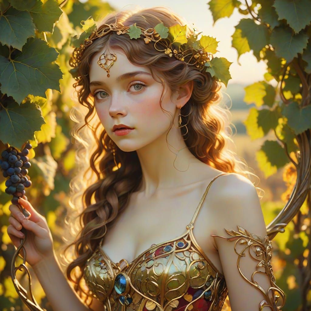 Art Nouveau Fairy Among Vineyards, Klimt Inspired
