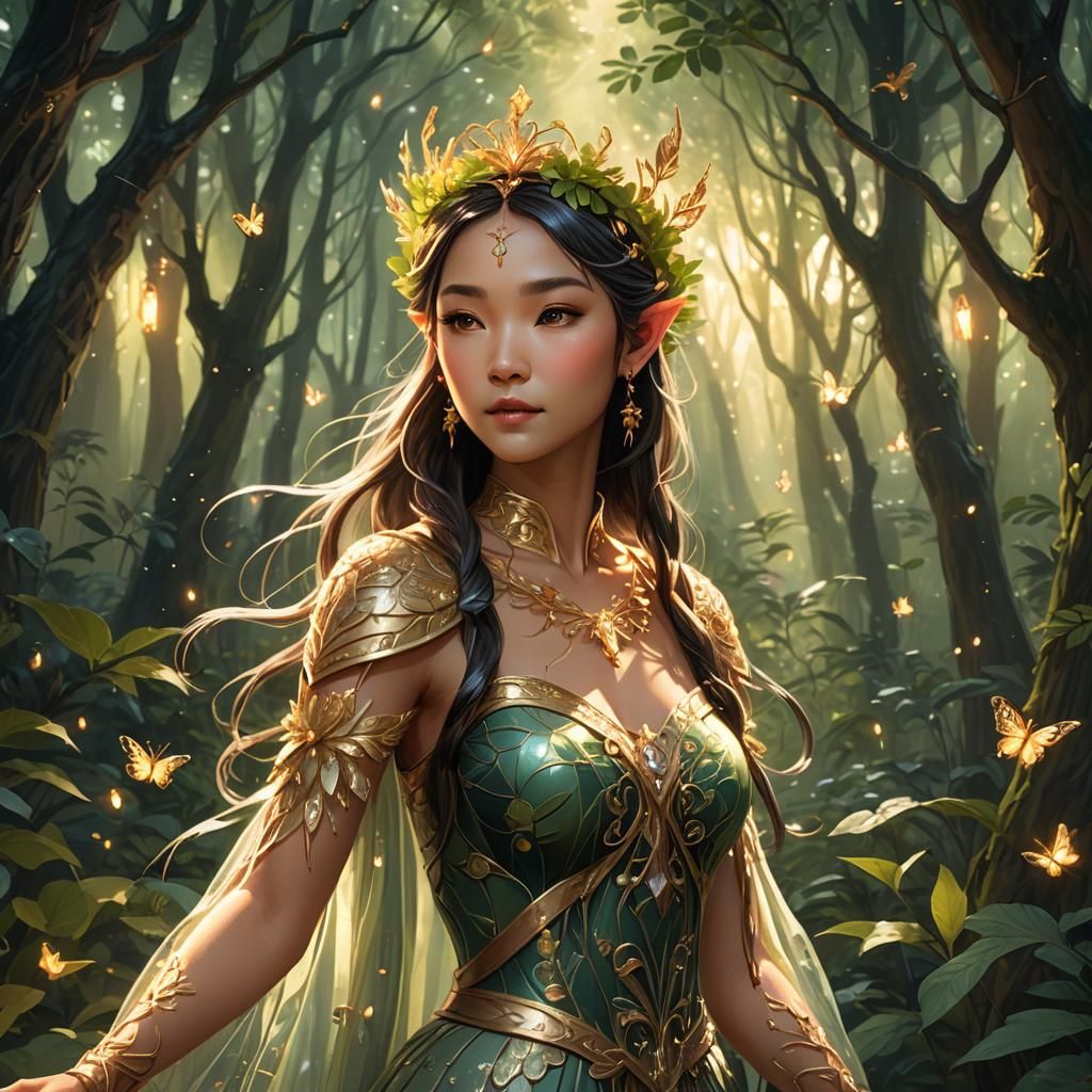 Wood-Elf Princess in Forest: Watercolor Illustration