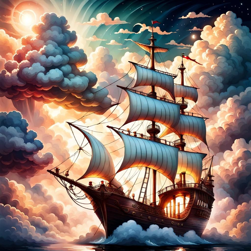 Magical Ship Sailing Through Clouds