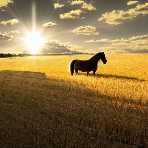 Romantic Golden Hayfield with Horse and Wagon