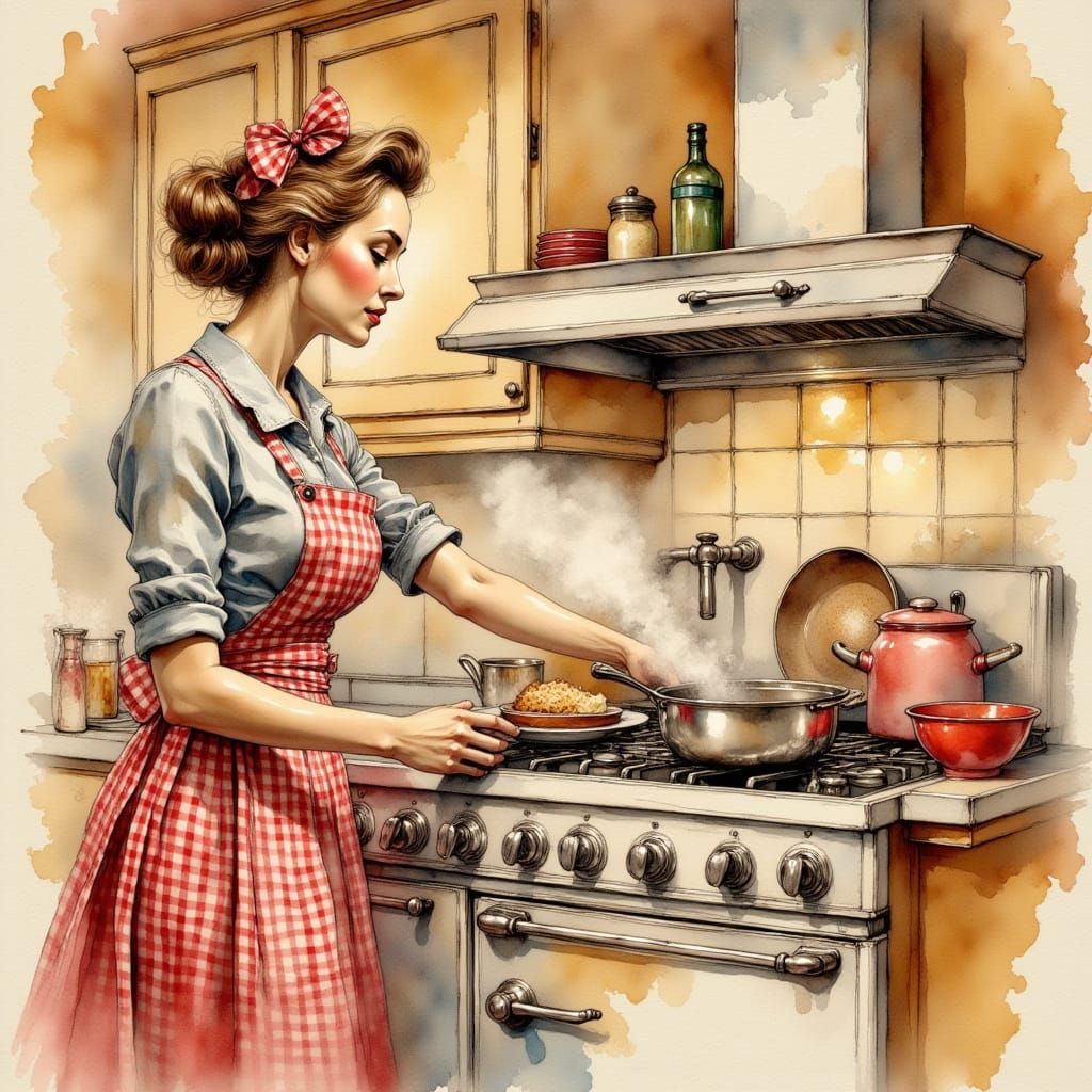 Warm Traditional Kitchen Scene in Gingham Apron Style