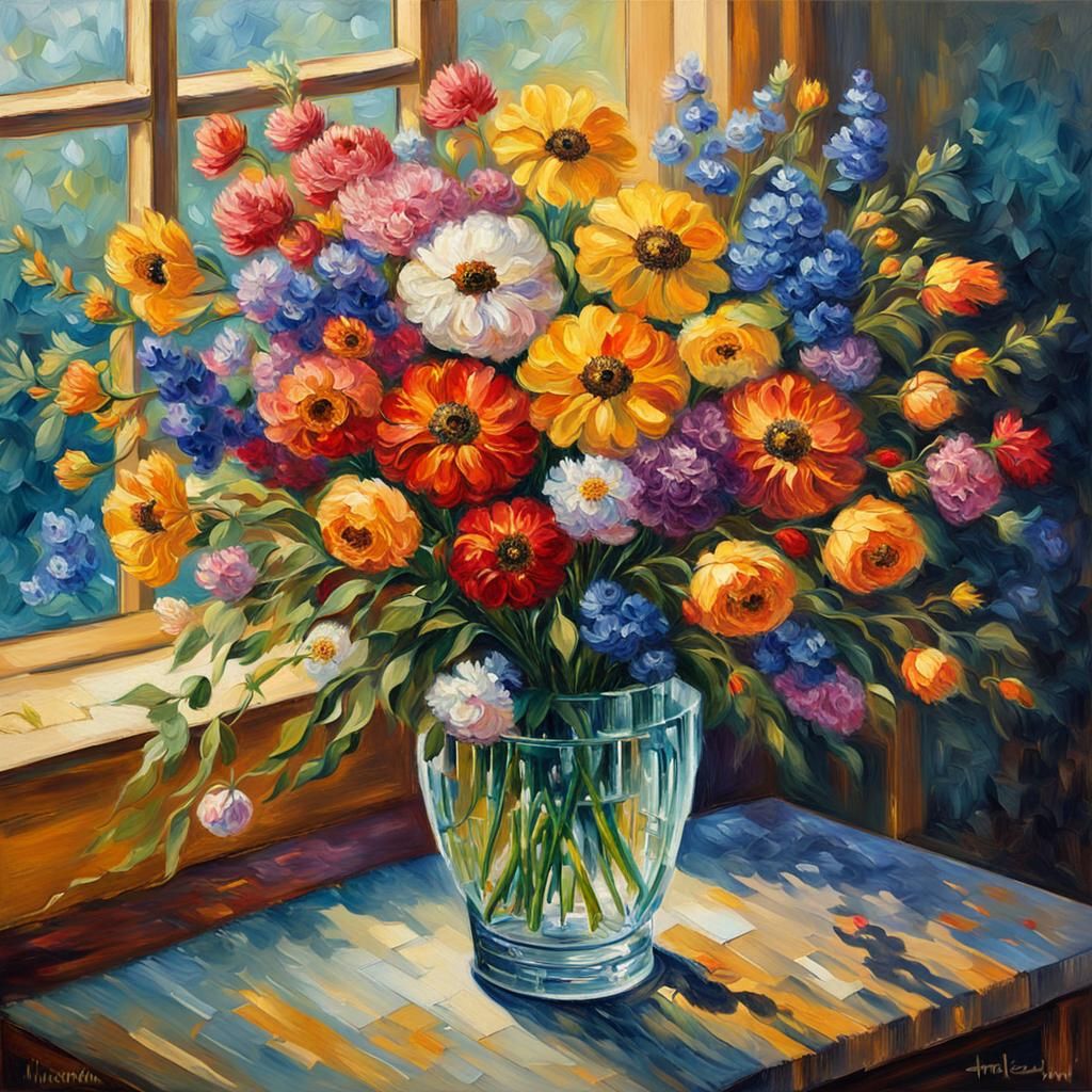 Vibrant Floral Bouquet in Impressionistic Oil Painting