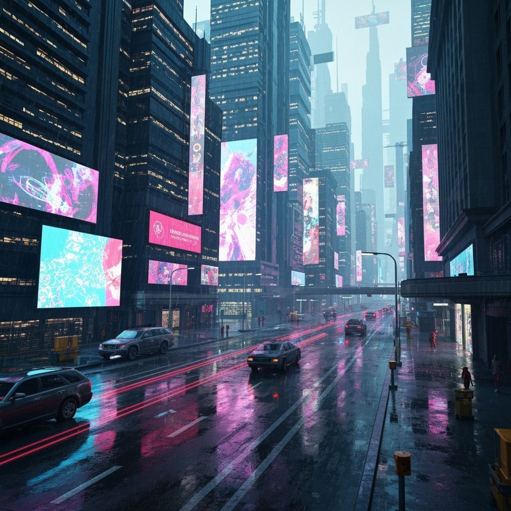 Cyberpunk Cityscape Holographic Projection in Augmented Real...