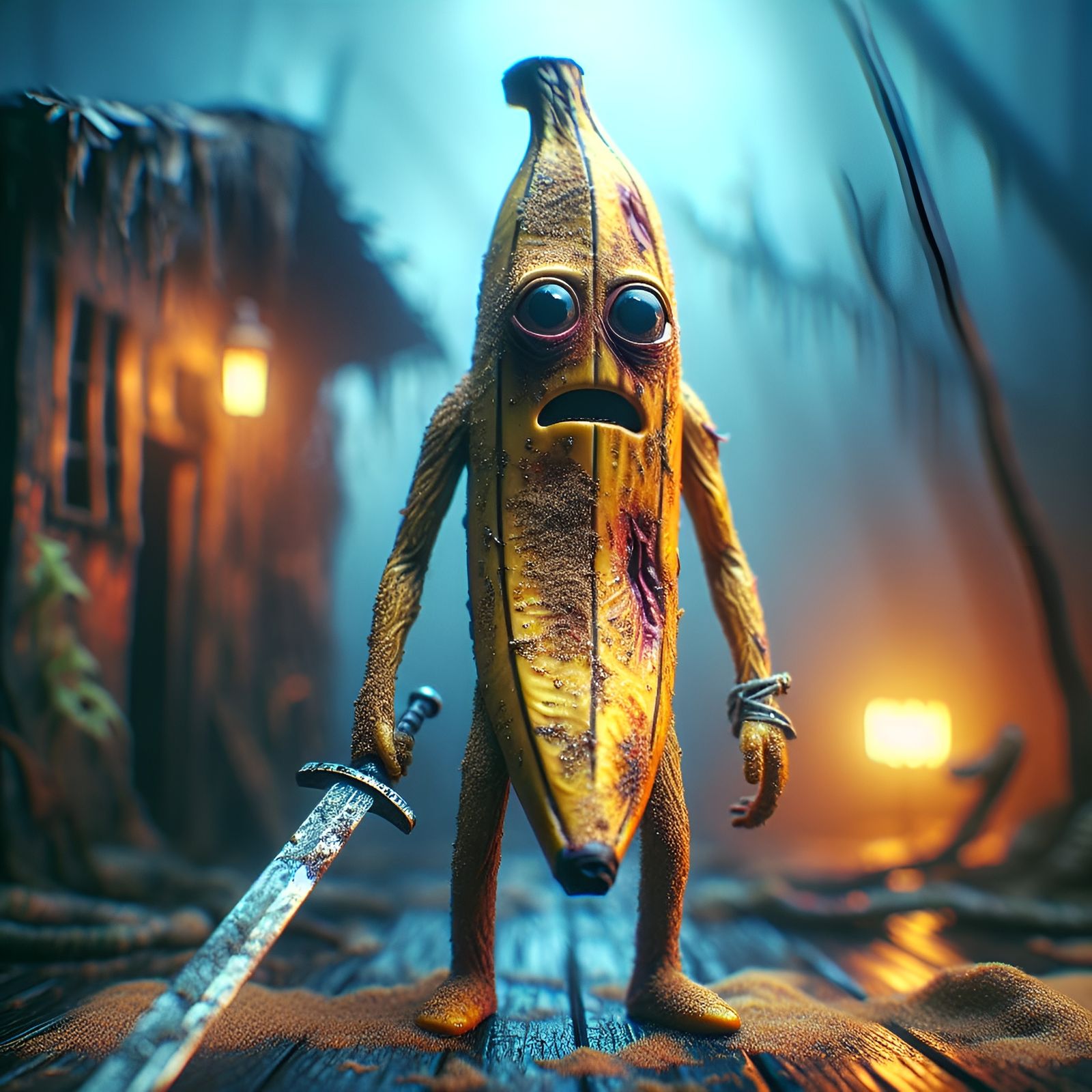 Banana Warrior in Dystopic Swamp: Hyper-Realistic