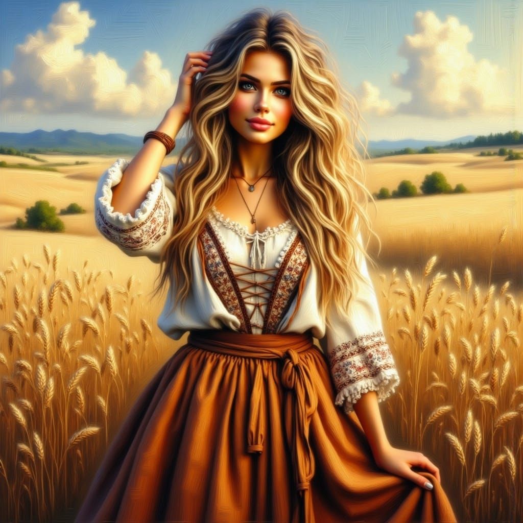 Polish Peasant in Wheat Field: Oil Painting