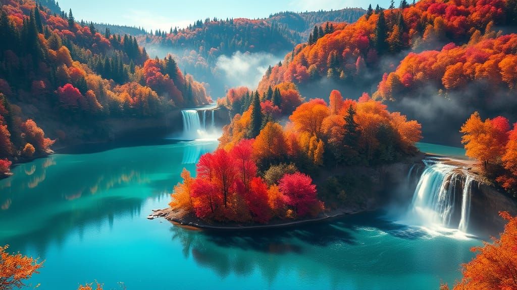 Vivid Autumn Forest and Turquoise Lakes Cinematic Landscape