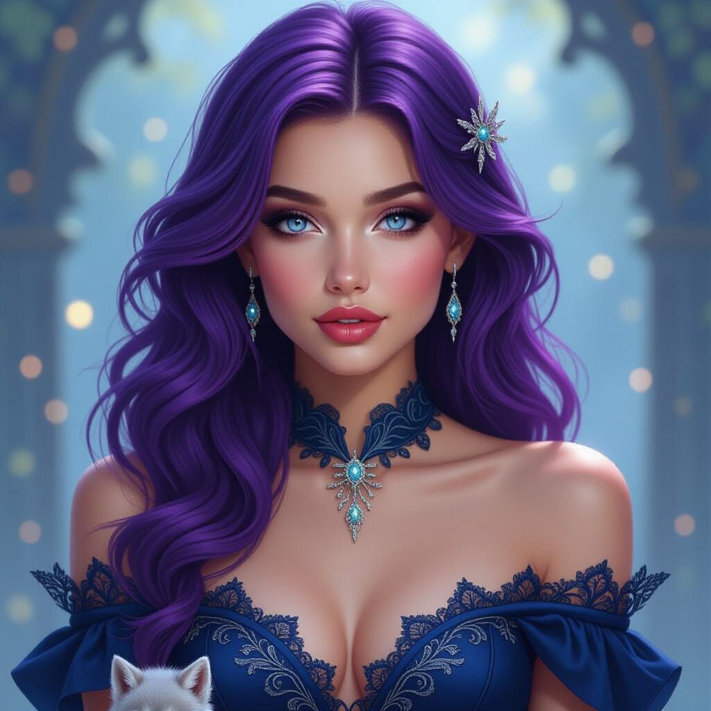 Fantasy Princess with Purple Hair and Silver Wolf Pup