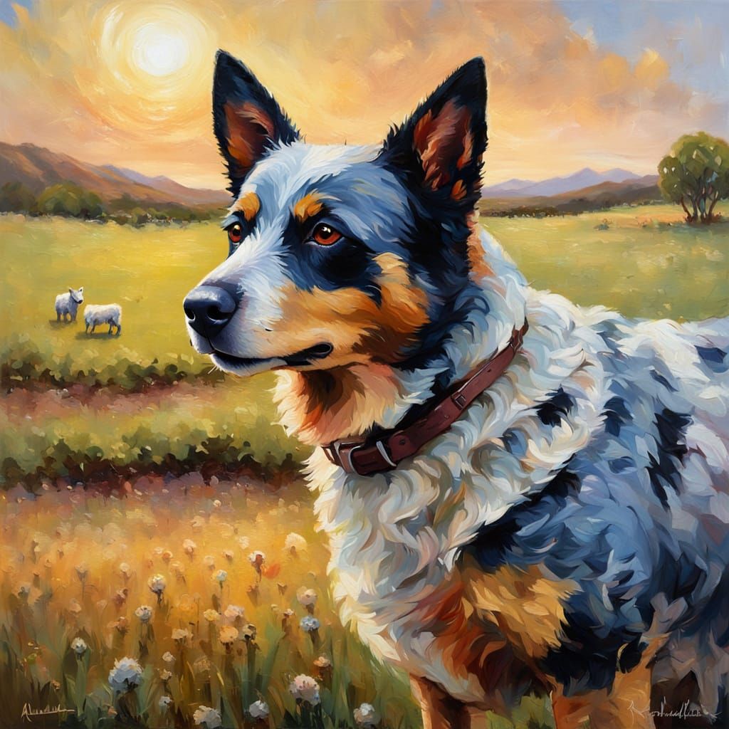 Blue Heeler in Australian Sheep Field Oil Painting