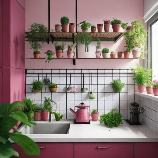 Modern Candy Pink and Olive Kitchen with Plants