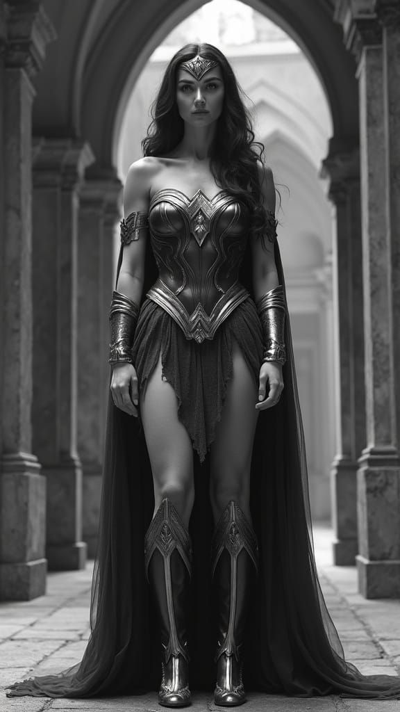 Wonder Woman in Historic Setting, Monochrome Photography